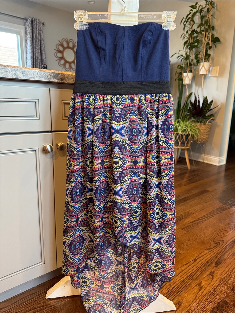 Xhilaration Navy Strapless Dress with Black Waist and Multicolor Aztec Skirt